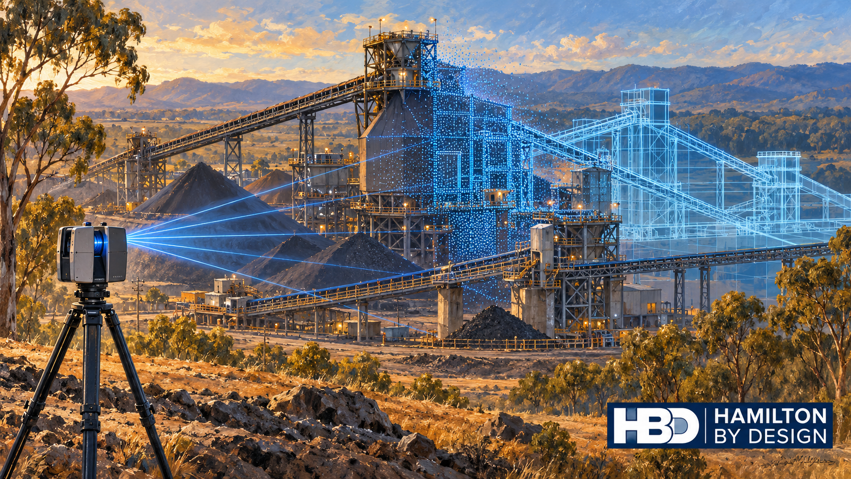 Oil painting of 3D LiDAR scanning at a Hunter Valley coal-handling plant, transitioning from the existing facility into a point cloud and CAD model.