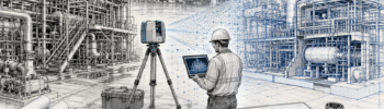 Technical drawing style illustration showing Scan to CAD Brisbane workflow with LiDAR scanner, point cloud data, industrial plant, CAD model, engineer and fabrication drawings.