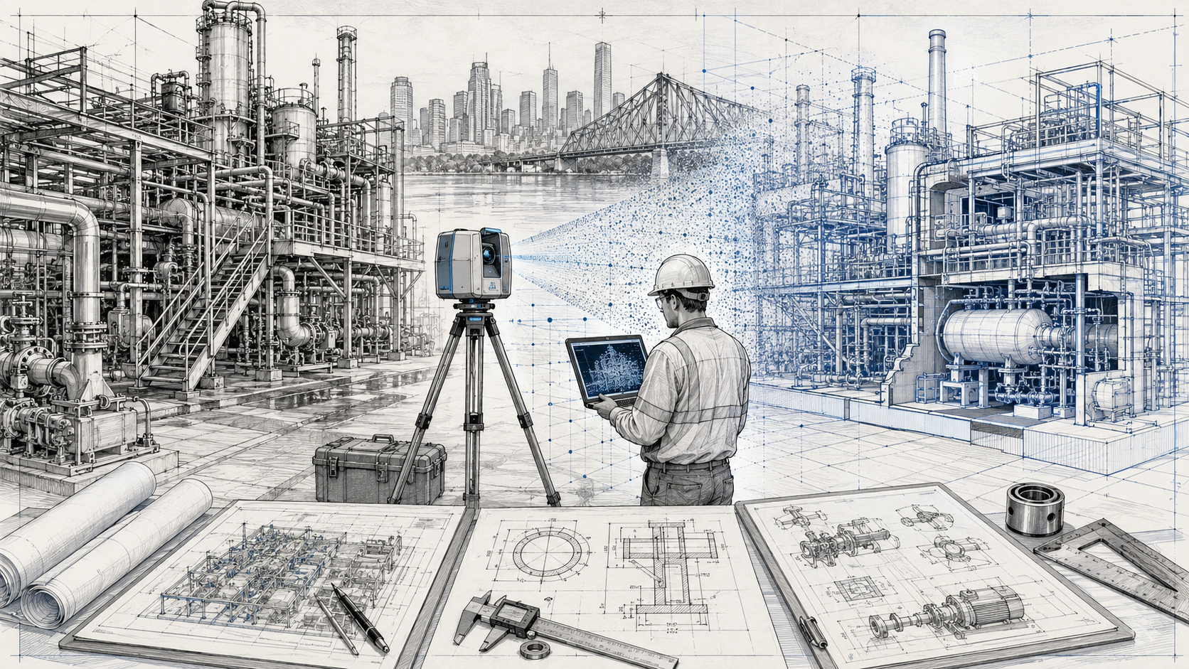 Technical drawing style illustration showing Scan to CAD Brisbane workflow with LiDAR scanner, point cloud data, industrial plant, CAD model, engineer and fabrication drawings.