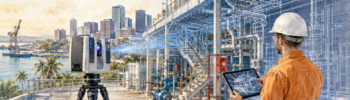 Watercolour hero image showing a 3D laser scanner capturing an industrial engineering site in Darwin CBD, with point-cloud data, CAD wireframe overlays, pipework, steelwork, harbour views and an engineer reviewing scan data on a tablet.