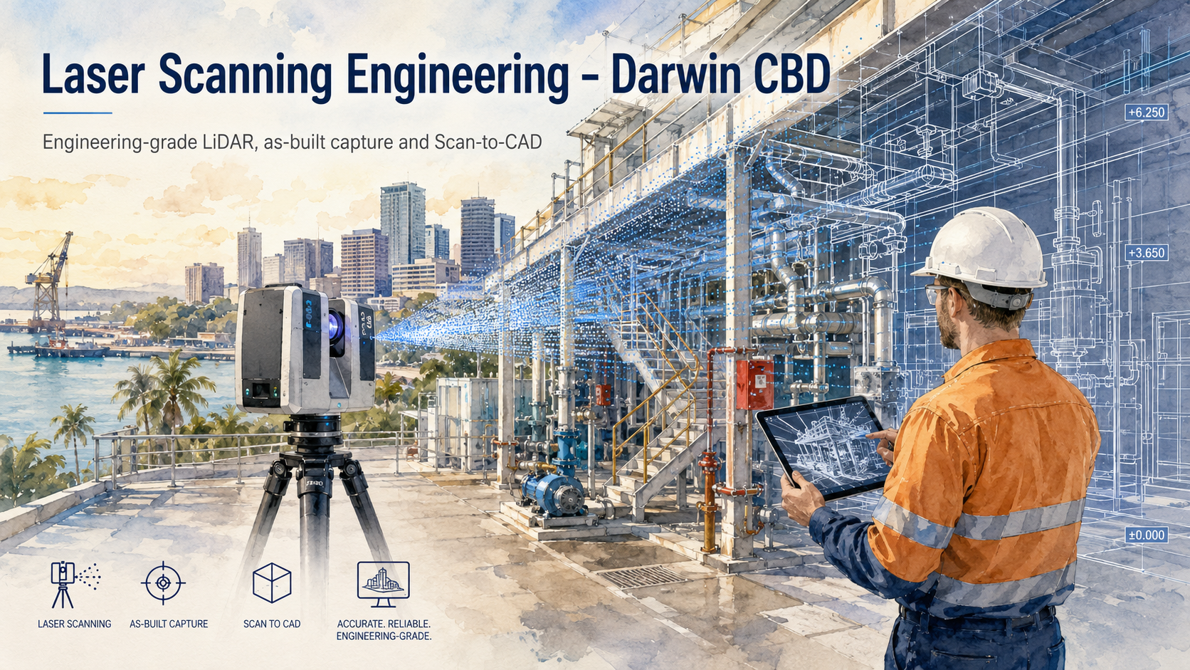 Watercolour hero image showing a 3D laser scanner capturing an industrial engineering site in Darwin CBD, with point-cloud data, CAD wireframe overlays, pipework, steelwork, harbour views and an engineer reviewing scan data on a tablet.