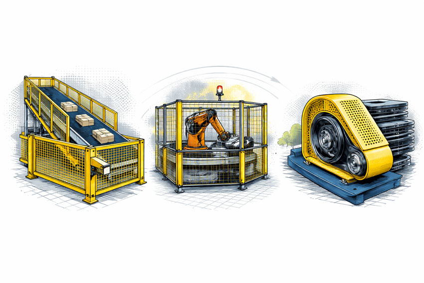Industrial machine guards including a guarded conveyor, fenced robotic cell, and covered belt drive system