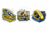 ndustrial machine guarding solutions showing a conveyor system, a robotic cell, and a belt drive with fixed guards designed to prevent access to hazardous moving parts.