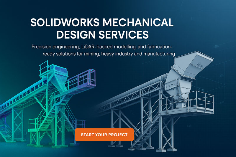 Hero image showing a LiDAR-coloured point-cloud model of an industrial conveyor system on the left transitioning into a detailed SolidWorks 3D CAD model on the right, with the heading ‘SolidWorks Mechanical Design Services’ and a call-to-action button that reads ‘Start Your Project’