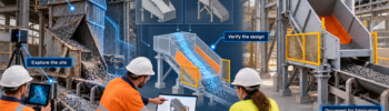Mechanical engineer reviewing a conveyor chute design beside a 3D scan of the existing plant, concept models and fabrication drawings.