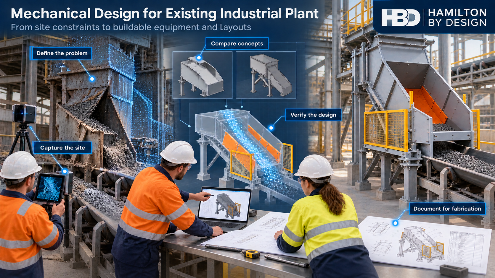 Mechanical engineer reviewing a conveyor chute design beside a 3D scan of the existing plant, concept models and fabrication drawings.