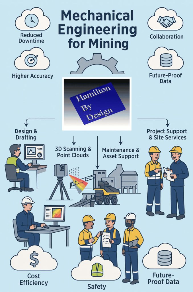 Infographic titled โMechanical Engineering for Miningโ showing the services and benefits offered by Hamilton By Design. The graphic includes icons and illustrations representing reduced downtime, higher accuracy, collaboration, future-proof data, cost efficiency, and safety. Central illustrations show an engineer drafting on a computer, a 3D laser scanner capturing point-cloud data, mining machinery, and engineers providing project support and site services. A Hamilton By Design logo appears in the centre.