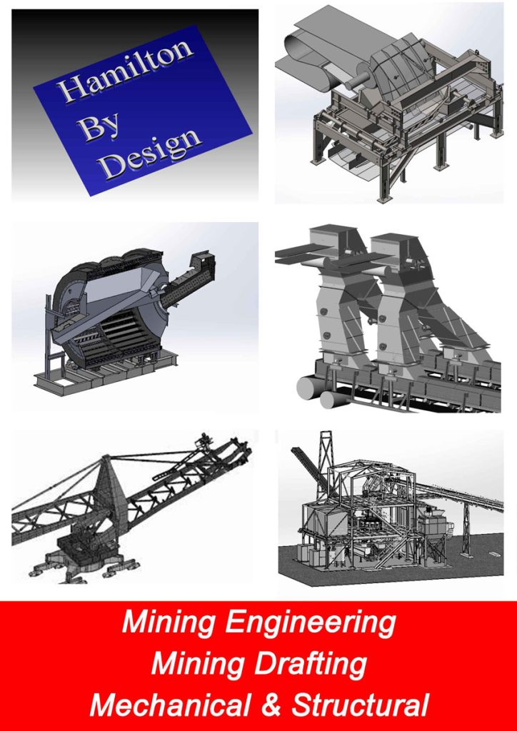 Collage of mining engineering and drafting models by Hamilton By Design, including 3D mechanical and structural designs of chutes, hoppers, screening equipment, conveyors, a bucket-wheel reclaimer, and a minerals processing plant, with the Hamilton By Design logo and a red banner reading ‘Mining Engineering, Mining Drafting, Mechanical & Structural.