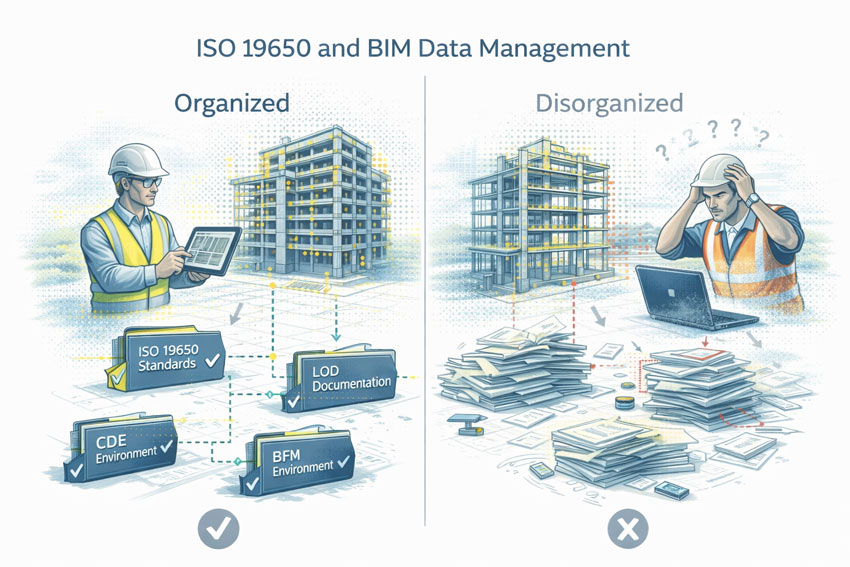 Illustrated comparison of ISO 19650 BIM information management, showing an organised digital model with structured data on one side and a disorganised model with fragmented documentation on the other.