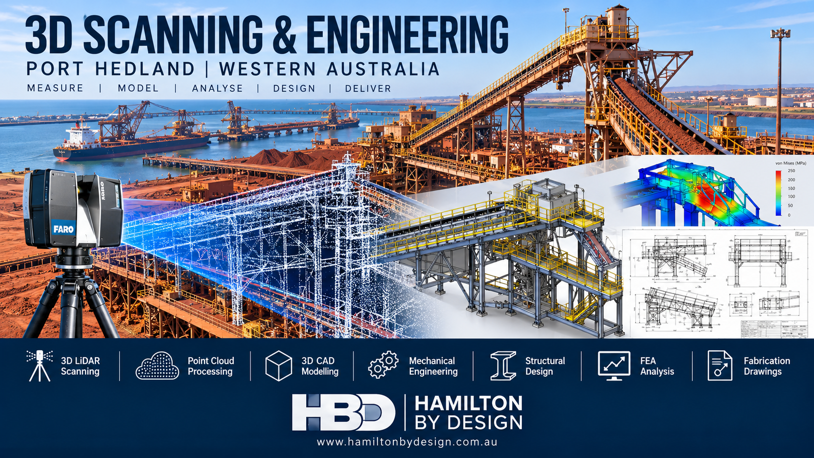3D LiDAR scanning and mechanical engineering in Port Hedland WA, showing FARO laser scanning, mining conveyors, point cloud modelling, CAD design and FEA analysis.