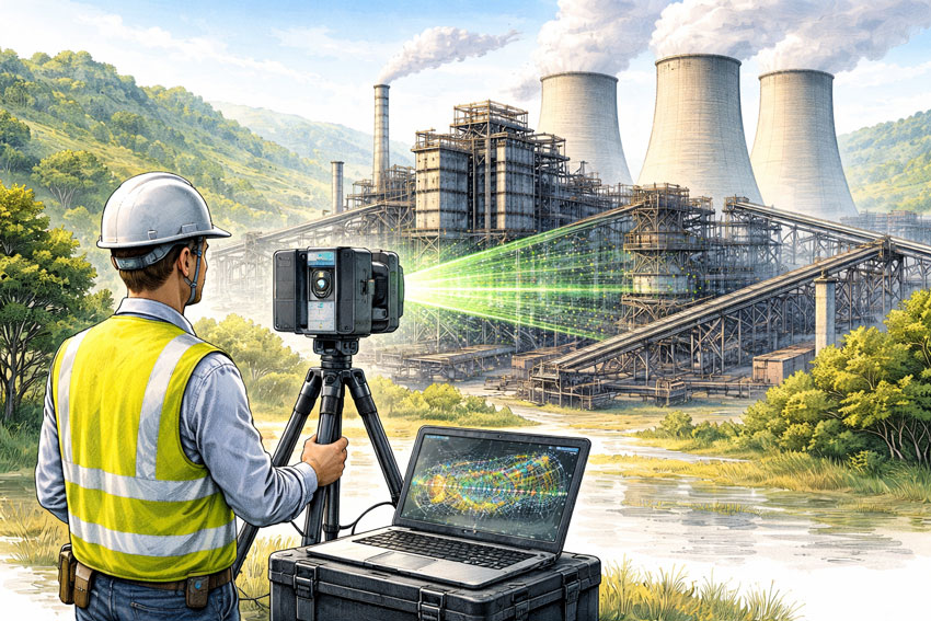 Engineer performing 3D laser scanning of an industrial power plant in the Latrobe Valley.