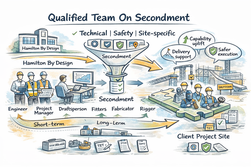Illustrated diagram showing skilled professionals on secondment from Hamilton By Design integrated into a client project site.