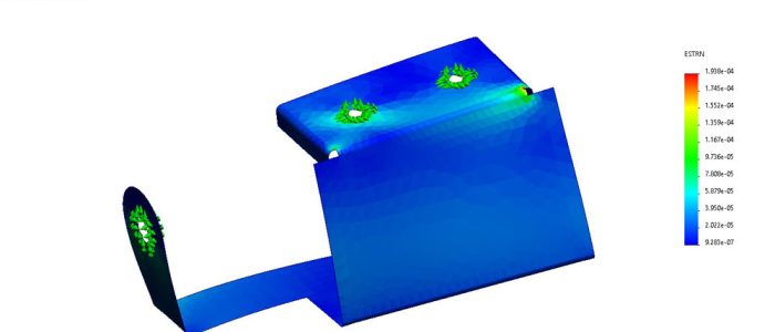 Sheet-Metal-FEA-Hamilton-By-Design SolidWorks Simulation strain plot of a bent sheet-metal component under load, showing colour-mapped strain distribution from low (blue) to high (red), with stress concentrations near bolt holes and along the upper fold, and deformation exaggerated for visualisation.