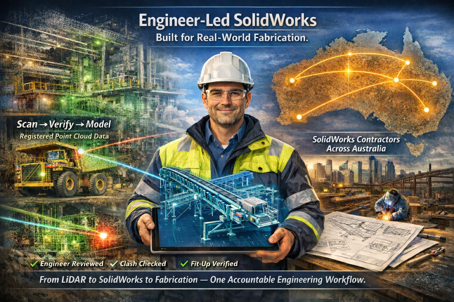 Engineering-led SolidWorks design workflow with LiDAR scanning and fabrication drawings across Australia