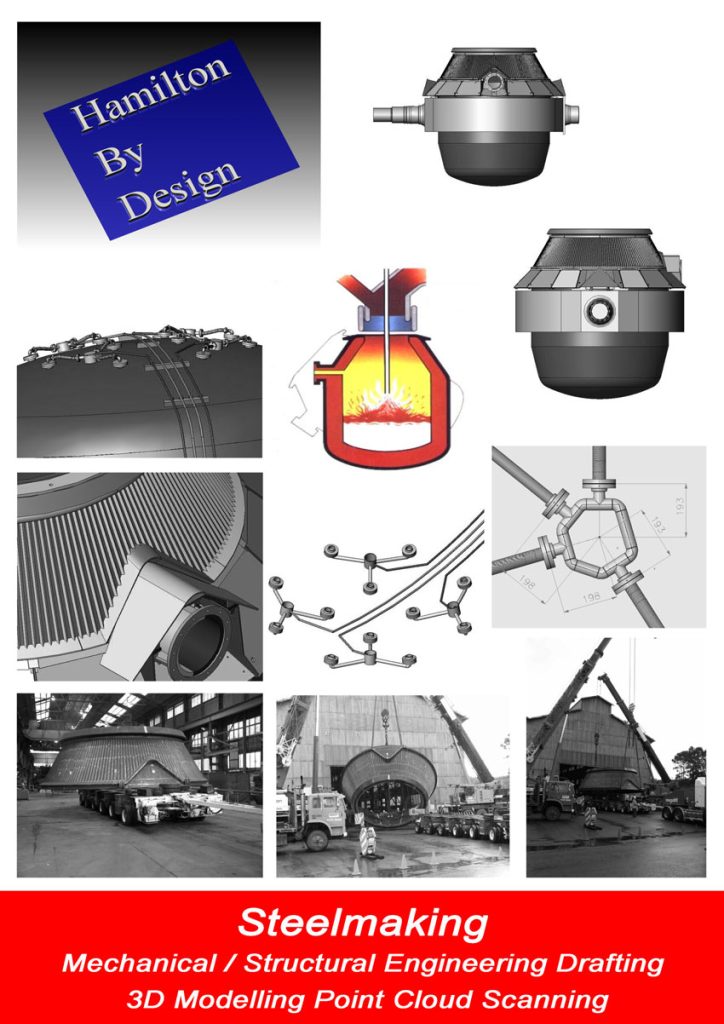 Collage of steelmaking and heavy-industry engineering visuals for Hamilton By Design. Images include CAD models of steelmaking vessels, mechanical components, structural details, point-cloud style drawings, close-up fabrication elements, and photographs of large steelmaking equipment being transported and installed with cranes. The Hamilton By Design logo appears at the top, and the bottom banner reads: ‘Steelmaking – Mechanical / Structural Engineering Drafting, 3D Modelling, Point Cloud Scanning.