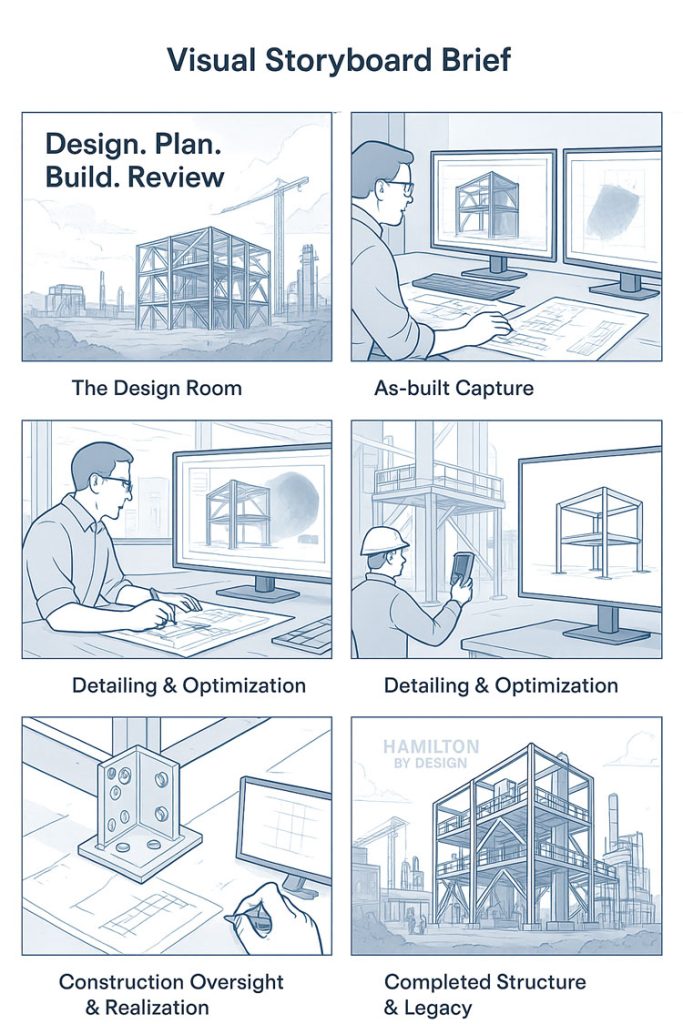 Storyboard-style infographic titled ‘Visual Storyboard Brief’ showing the end-to-end structural engineering and drafting workflow. Panels depict: a conceptual structural design; an engineer reviewing as-built capture data on dual monitors; detailed drafting and optimisation work; on-site detailing verification using a mobile device; construction oversight including a steel connection detail; and the final completed multi-storey steel structure. Each panel illustrates a step in the process from design and planning through to construction and legacy.