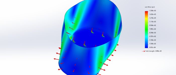 Tank FEA Hamilton By Design SolidWorks Simulation von Mises stress plot of a cylindrical fuel tank section under internal pressure, showing colour-mapped stress distribution from low (blue) to high (red), with applied pressure arrows on the shell walls and base, and deformation exaggerated for visualisation