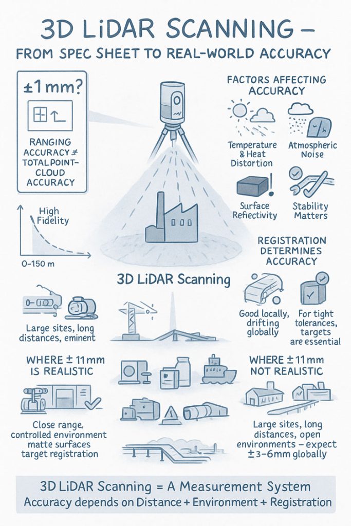 Infographic explaining 3D LiDAR scanning accuracy, showing a scanner capturing a building and highlighting factors that affect accuracy such as temperature, atmospheric noise, surface reflectivity and tripod stability. Includes diagrams comparing realistic versus unrealistic ±1 mm accuracy, the impact of distance, environment and registration quality, and notes that large open sites typically achieve ±3–6 mm global accuracy.