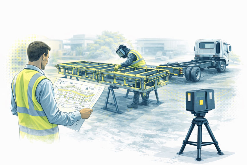 Engineer reviewing fabrication drawings beside a steel truck tray frame on trestles, with a fabricator working on the frame, a light commercial truck chassis waiting for installation, and a LiDAR scanner in the foreground.