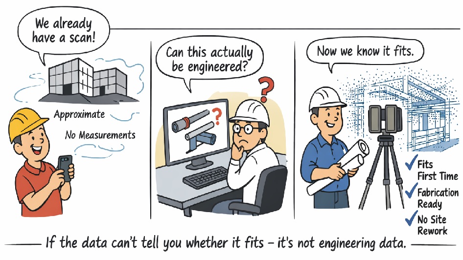 Cartoon illustrating the difference between visual scanning and engineering-grade 3D point cloud scanning, showing how accurate scan data enables fit-first-time fabrication.