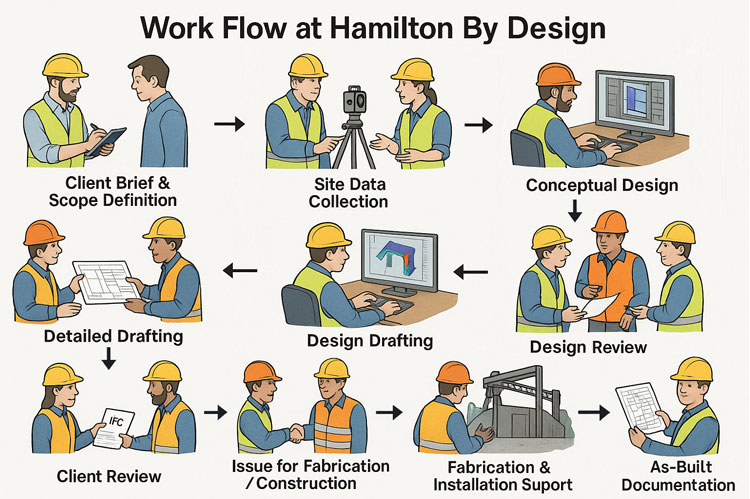 Illustrated workflow diagram for Hamilton By Design showing each project stage: client brief and scope definition, site data collection with a 3D scanner, conceptual design on a computer, design review, design drafting, detailed drafting, client review, issue for fabrication or construction, fabrication and installation support, and final as-built documentation. Each step is represented by engineers and technicians collaborating with drawings, 3D models, and equipment