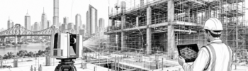 Black-and-white illustration of a 3D laser scanner capturing a Brisbane construction site, with point cloud data overlaid on steel framing, services, cranes, the Story Bridge and Hamilton By Design logo.