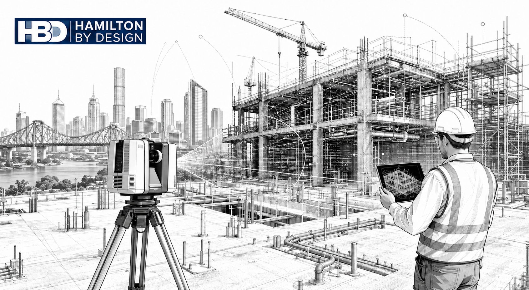 Black-and-white illustration of a 3D laser scanner capturing a Brisbane construction site, with point cloud data overlaid on steel framing, services, cranes, the Story Bridge and Hamilton By Design logo.