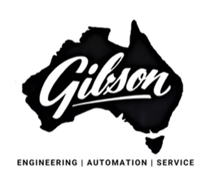 Gibson logo featuring stylised script lettering over a black silhouette of Australia, with the words ‘Engineering | Automation | Service’ beneath