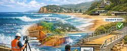 From laser scan to CAD: point cloud of Avoca Beach foreshore assets converted into build-ready engineering drawings.