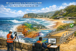 From laser scan to CAD: point cloud of Avoca Beach foreshore assets converted into build-ready engineering drawings.