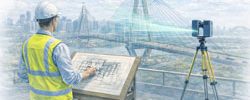 Mechanical engineer using a LiDAR laser scanner to capture the ANZAC Bridge in Sydney for accurate 3D modelling and engineering verification.
