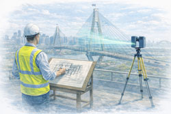 Mechanical engineer using a LiDAR laser scanner to capture the ANZAC Bridge in Sydney for accurate 3D modelling and engineering verification.