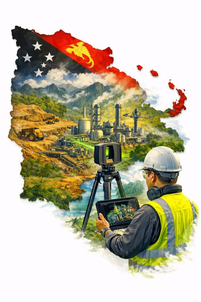 Papua New Guinea industrial facility being digitally captured with 3D scanning to create accurate models for remote engineering and shutdown planning.