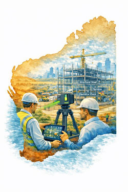 Engineers using LiDAR scanning at a construction site within the outline of Western Australia to support structural and building services design.