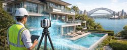 Engineer using a LiDAR scanner to capture a Sydney harbour-front residential property with Sydney Harbour Bridge in the background