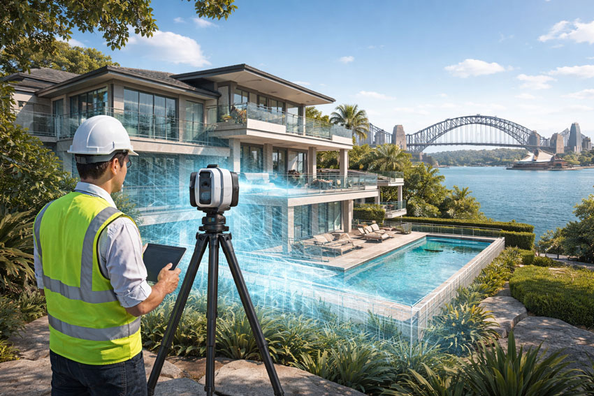 Reality capture of a Sydney waterfront residential property using LiDAR scanning with harbour and bridge context
