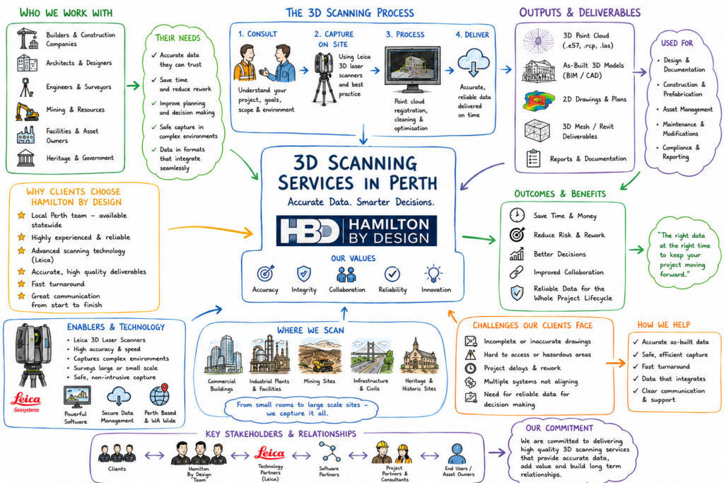 Hand-drawn rich picture explaining Hamilton By Design’s 3D scanning services in Perth, including clients, site capture, point-cloud processing, CAD deliverables, industries served and project benefits.