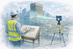 Mechanical engineer using a LiDAR laser scanner to capture a Sydney building site for accurate 3D modelling and engineering design.