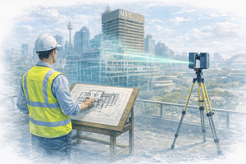 3D laser scanning in Sydney with an engineer capturing as-built conditions using LiDAR technology.