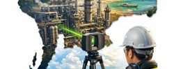 Engineer using LiDAR scanner to capture industrial plant within a map of Thailand, representing engineering 3D scanning for infrastructure and manufacturing projects.