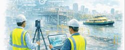 Graduate engineer and senior engineer using LiDAR scanning on a Parramatta River construction site, reviewing point cloud data for accurate design.