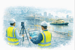 Graduate engineer and senior engineer using LiDAR scanning on a Parramatta River construction site, reviewing point cloud data for accurate design.