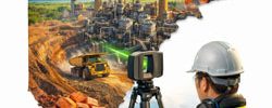 Engineer using LiDAR scanner to capture copper processing plant and open-pit mine within a map of Zambia for engineering design and upgrade planning.