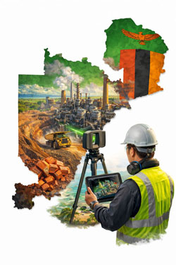 Engineer using LiDAR scanner to capture copper processing plant and open-pit mine within a map of Zambia for engineering design and upgrade planning.