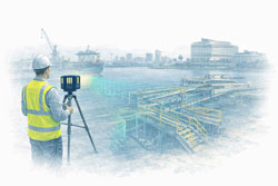 Engineering-grade 3D laser scanner capturing Darwin port infrastructure, harbour assets, and urban skyline