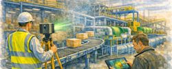 Watercolour illustration of engineers 3D laser scanning a warehouse conveyor system.