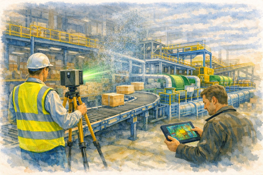 3D scanning of FMCG conveyor line shown in soft watercolour style.