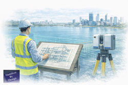 Structural engineer working on steel framing drawings while a LiDAR scanner captures as-built data beside the Swan River in Perth