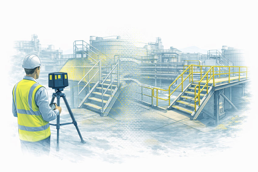 LiDAR scanning of industrial stair and walkway access showing non-compliant handrails and the upgraded AS 1657-compliant access solution