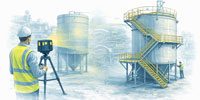 Engineer using LiDAR scanner to capture as-built tank steelwork, transitioning to compliant AS 3990 walkways and access platforms
